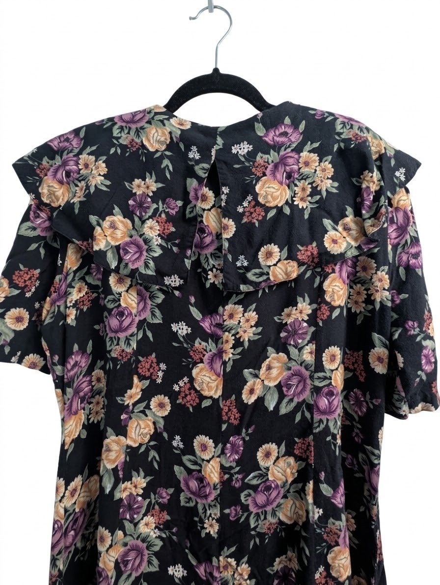 90s Maggie Lawrence Black Purple Yellow Floral Button Down Lapel Dress L