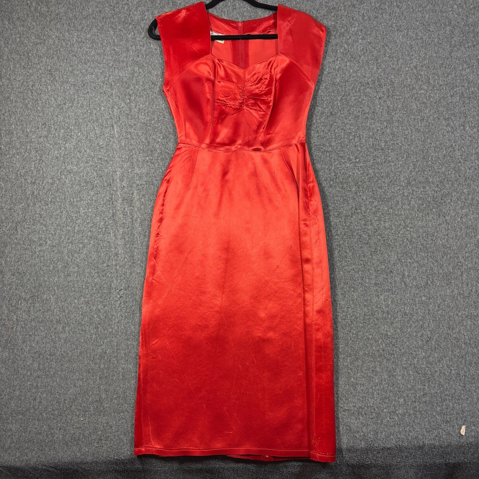 Vintage Pret-A-Porter Red Satin Midi Dress Made in England Sweetheart Neck 10