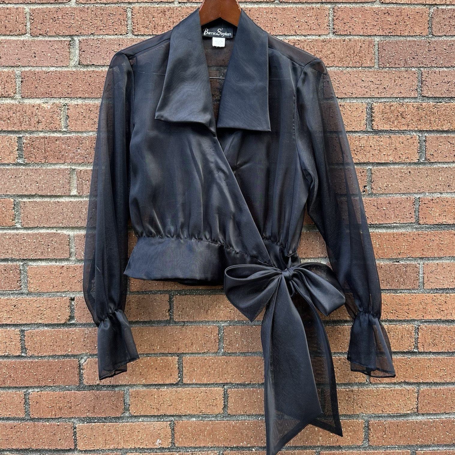 Vintage 80s Black Mesh Wrap Bow Long Sleeve Sheer Top Women’s Size 8