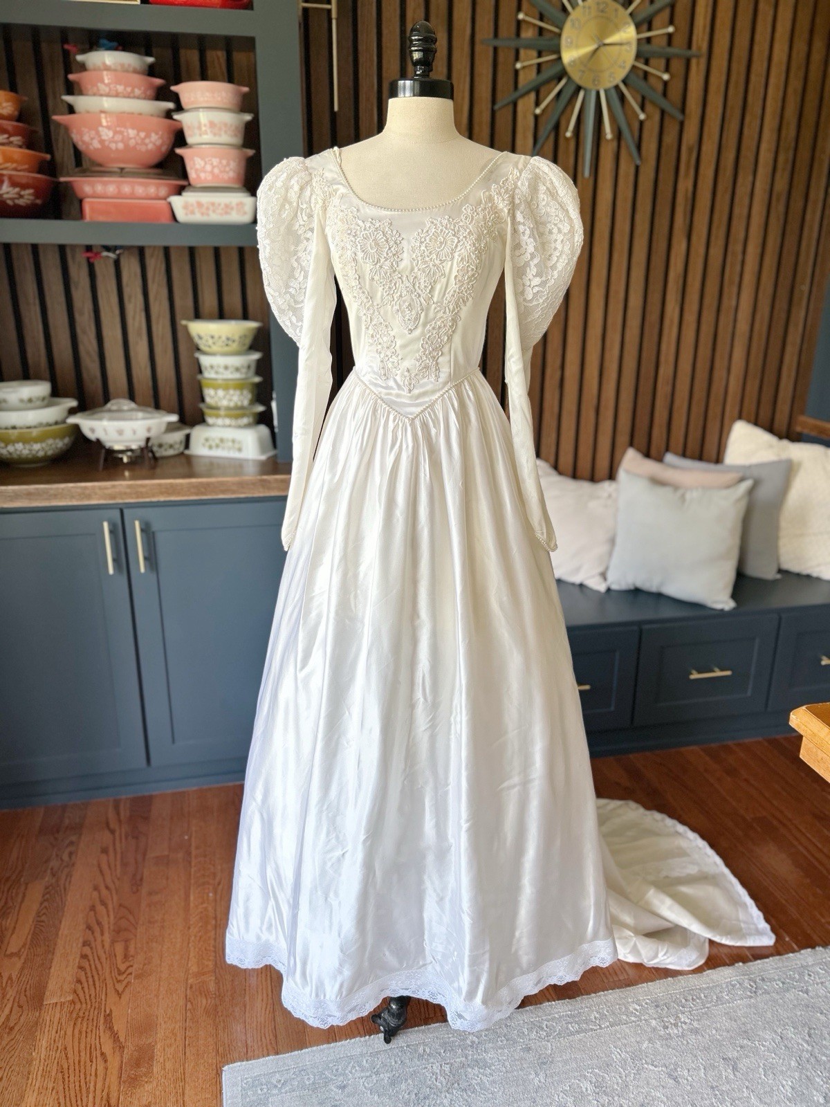 Vintage Wedding Dress 1980s Satin Princess Cut Ballgown Beadwork Train Lace