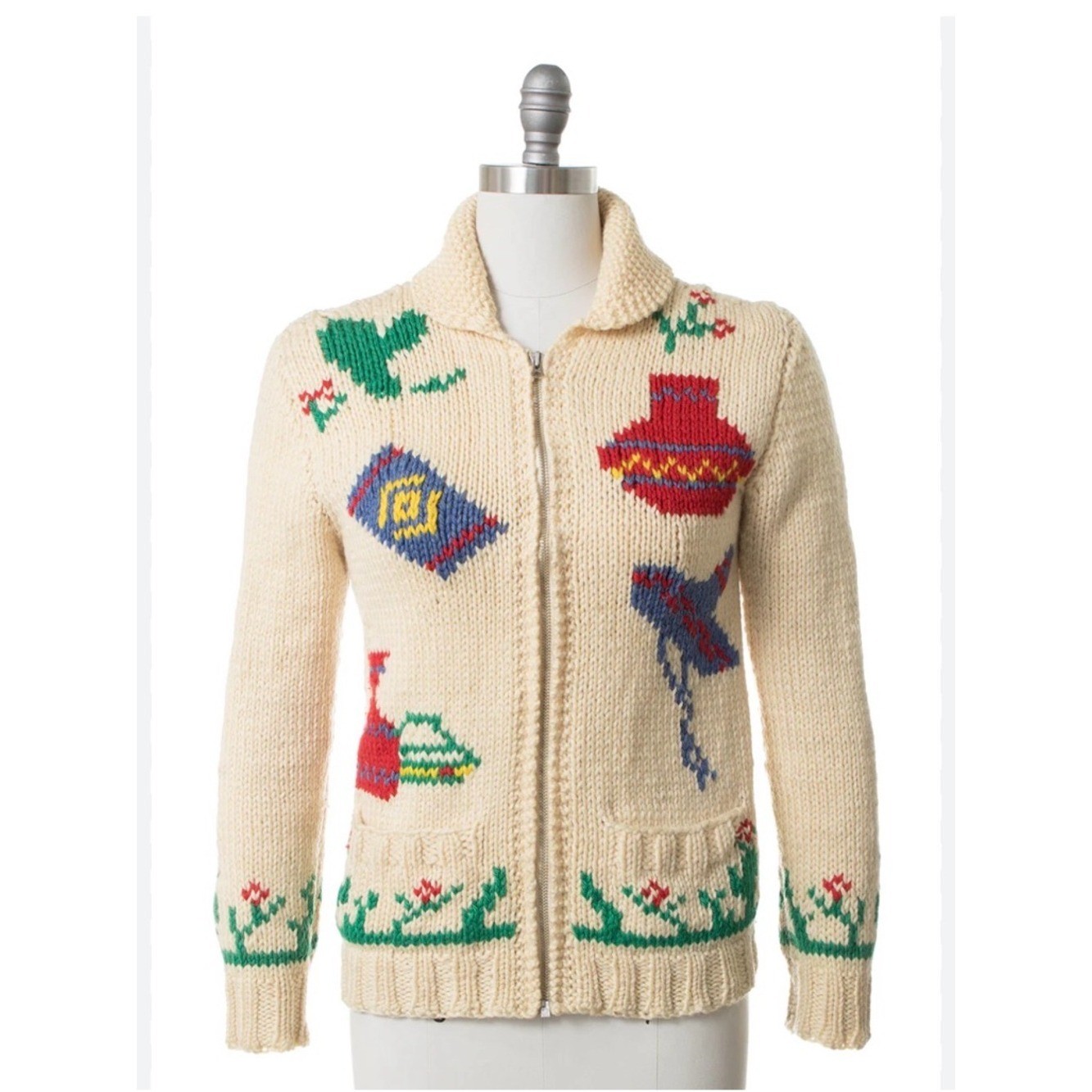 Hand knitted 1950’s vintage wool cowichan Mexican cactus burrow metal zip cardi
