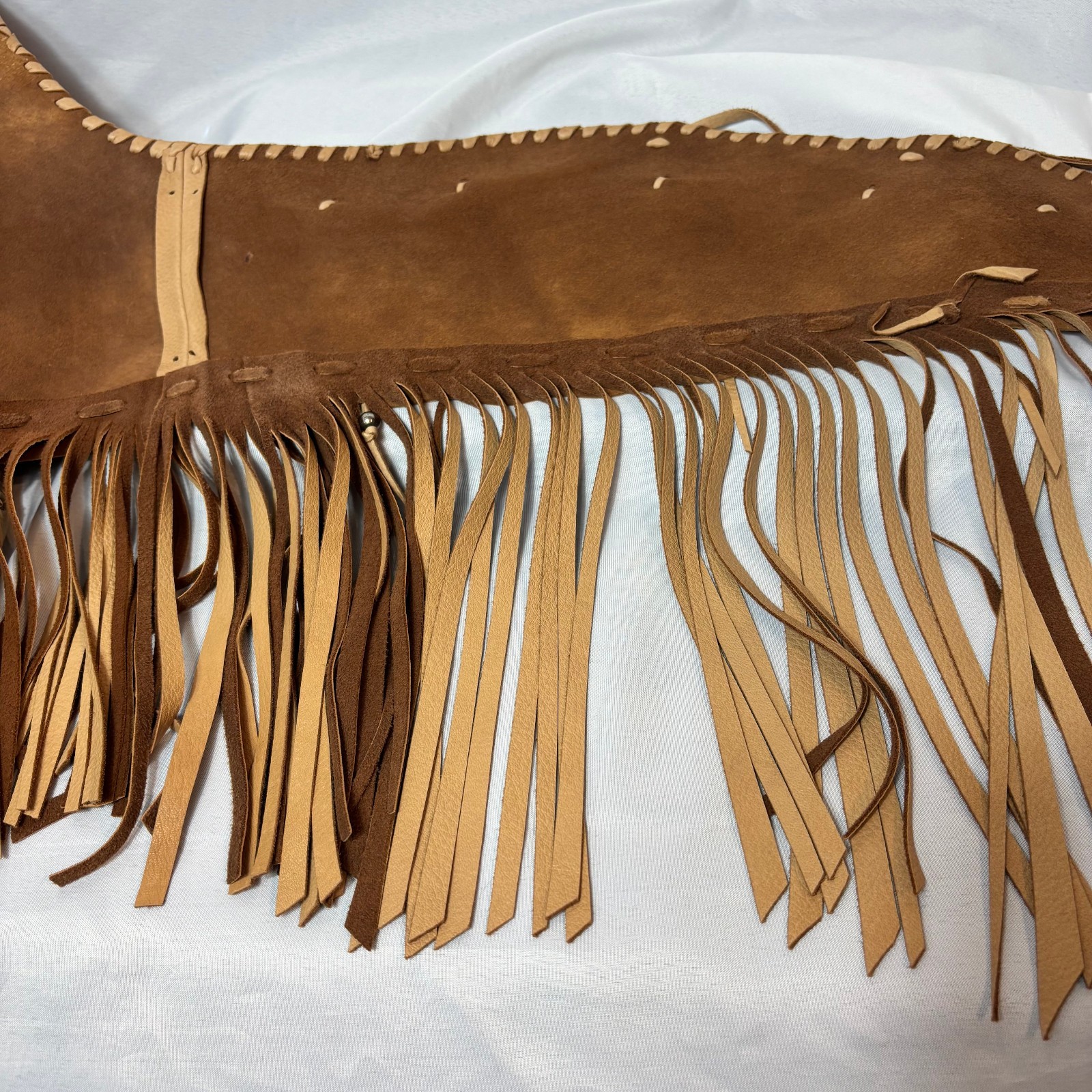 Blue Bonnet Rose Leather Brown & Tan Vest Fringed Turquoise Beads Boho Western