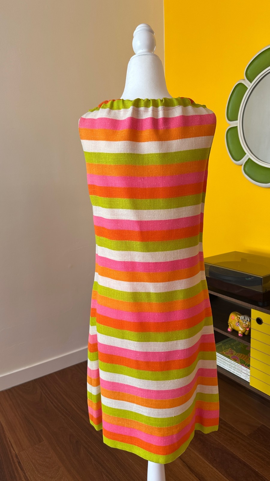 Vintage 60s Mod DayGlo Striped Sleeveless Dress Green Pink Orange Bright Neon S
