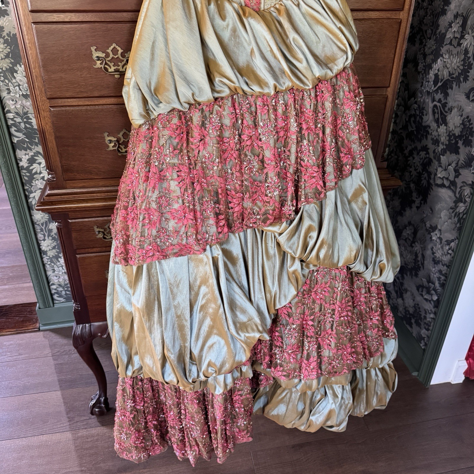 Vintage Party Time Gown With Beaded Strapless Bodice And Lace Size 2