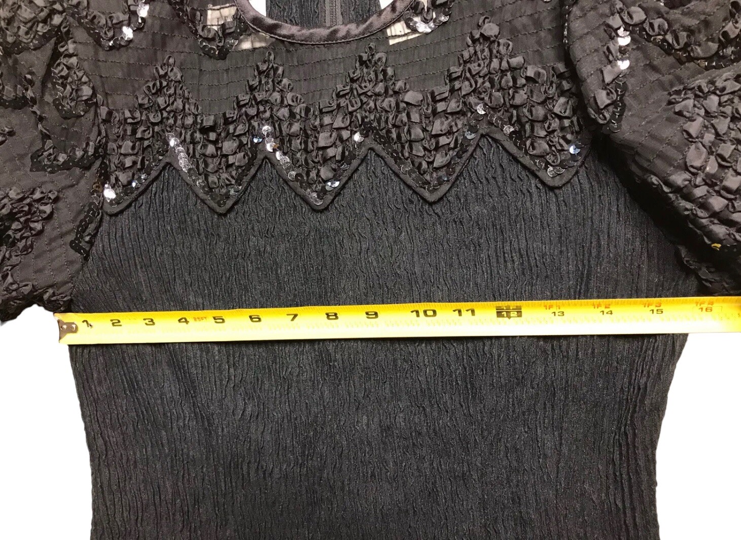 Vintage 80s Leslie Fay Petite Smocked Sequin Black Dress Short Sleeve 4 P Small