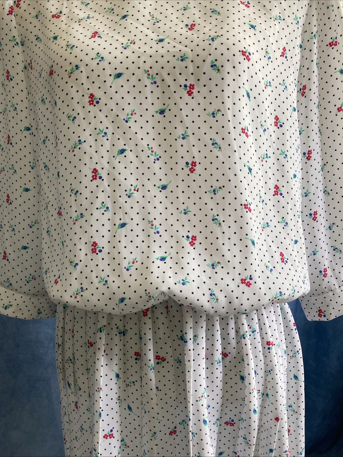 Vtg 80s Breli Union Made Midi Dress 16 Secretary Floral Polka Dot Pleated Sheer