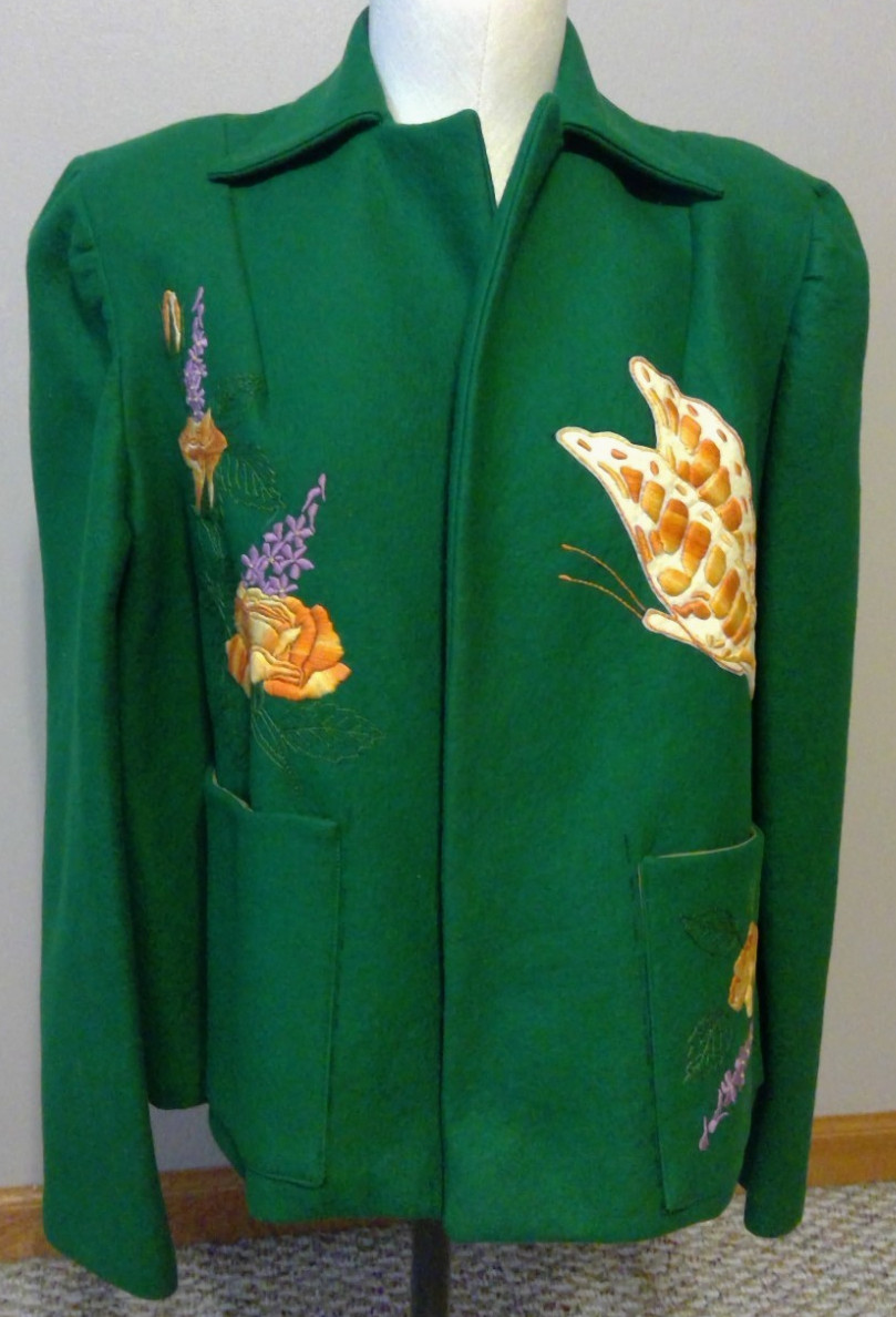 Vintage homemade fully lined green felt jacket embellished w/embroidery size 12p
