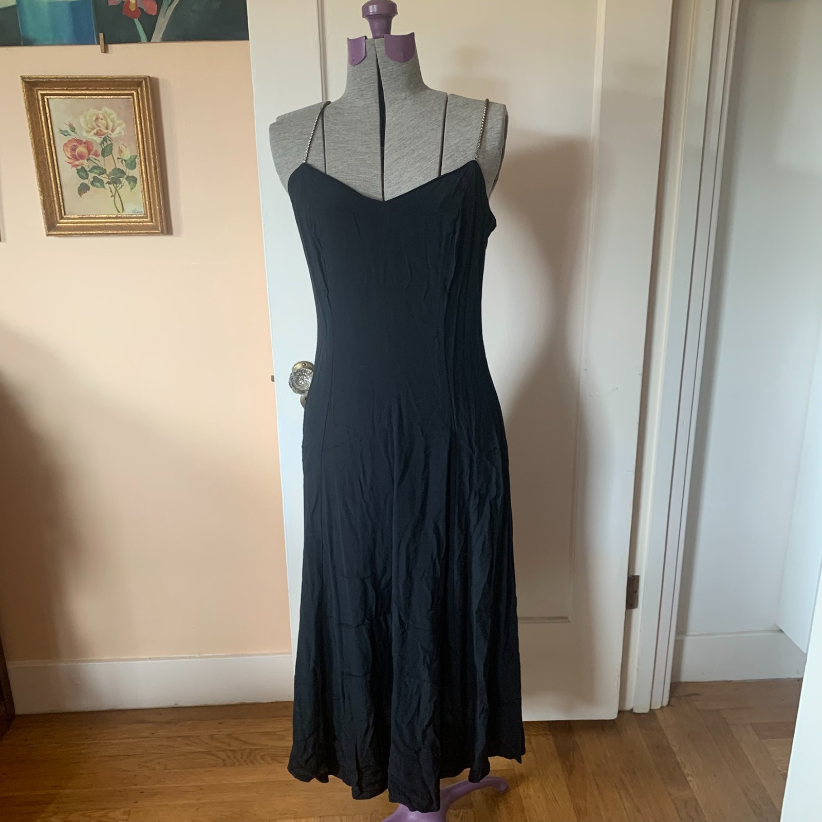 Carol Anderson California VTG Black Rhinestone Strap Midi Dress sz 7/8