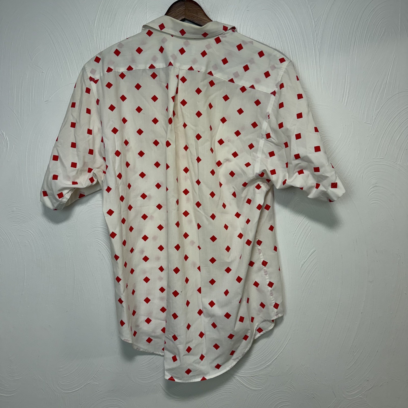 Vintage Henri James Women’s Red Diamond White Short Sleeve Button Up Blouse 10