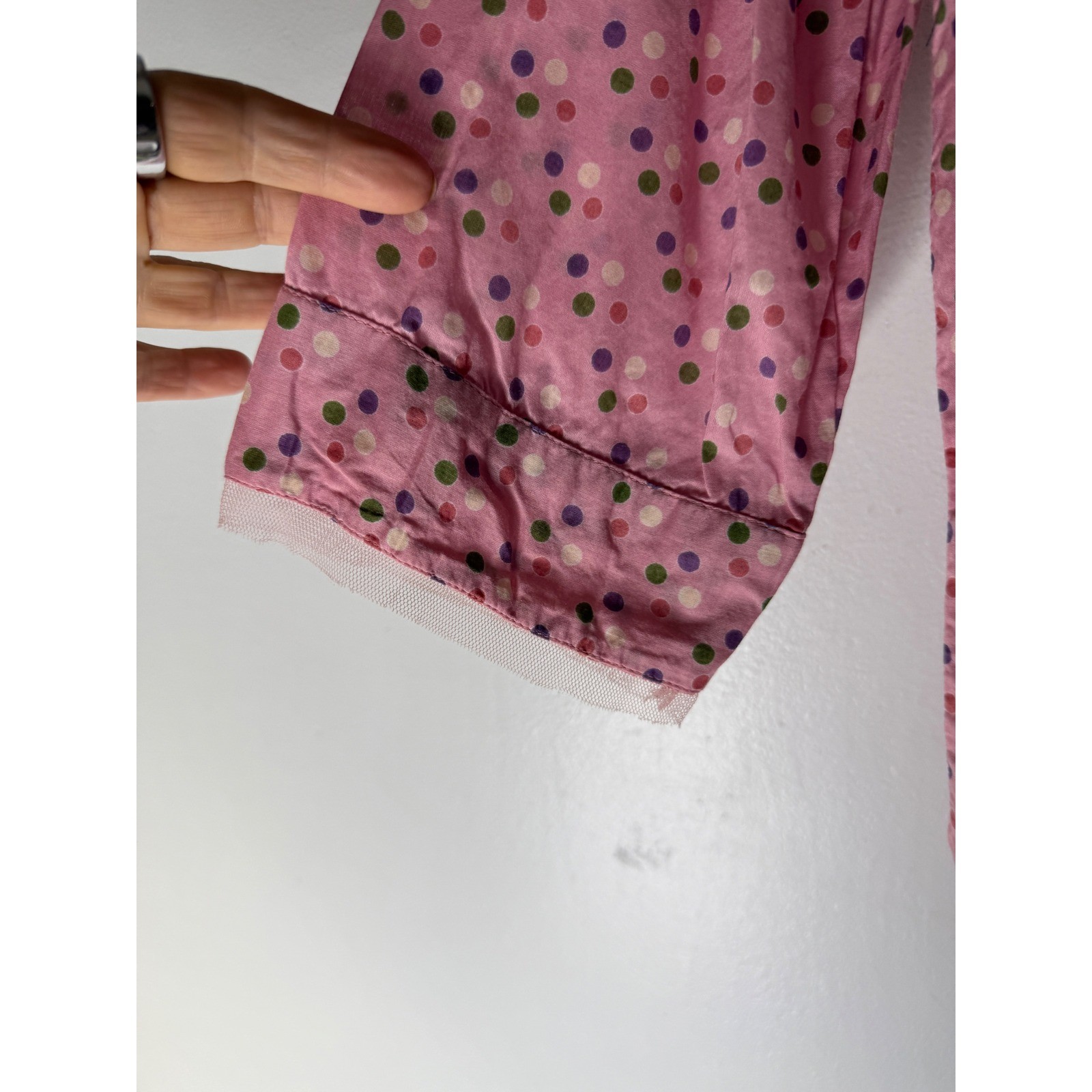 Vintage April Cornell pink polka dot collar 3/4 sleeve button down rhinestone XL