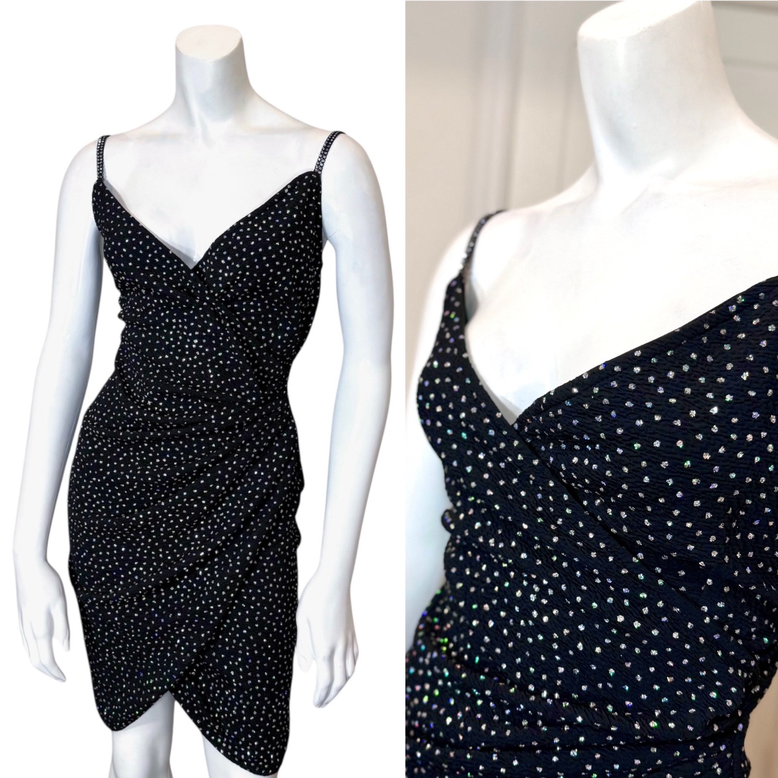 Vintage 80’s MORTON MYLES PARTY DRESS w RHINESTONE STRAPS M Black Glitter Draped