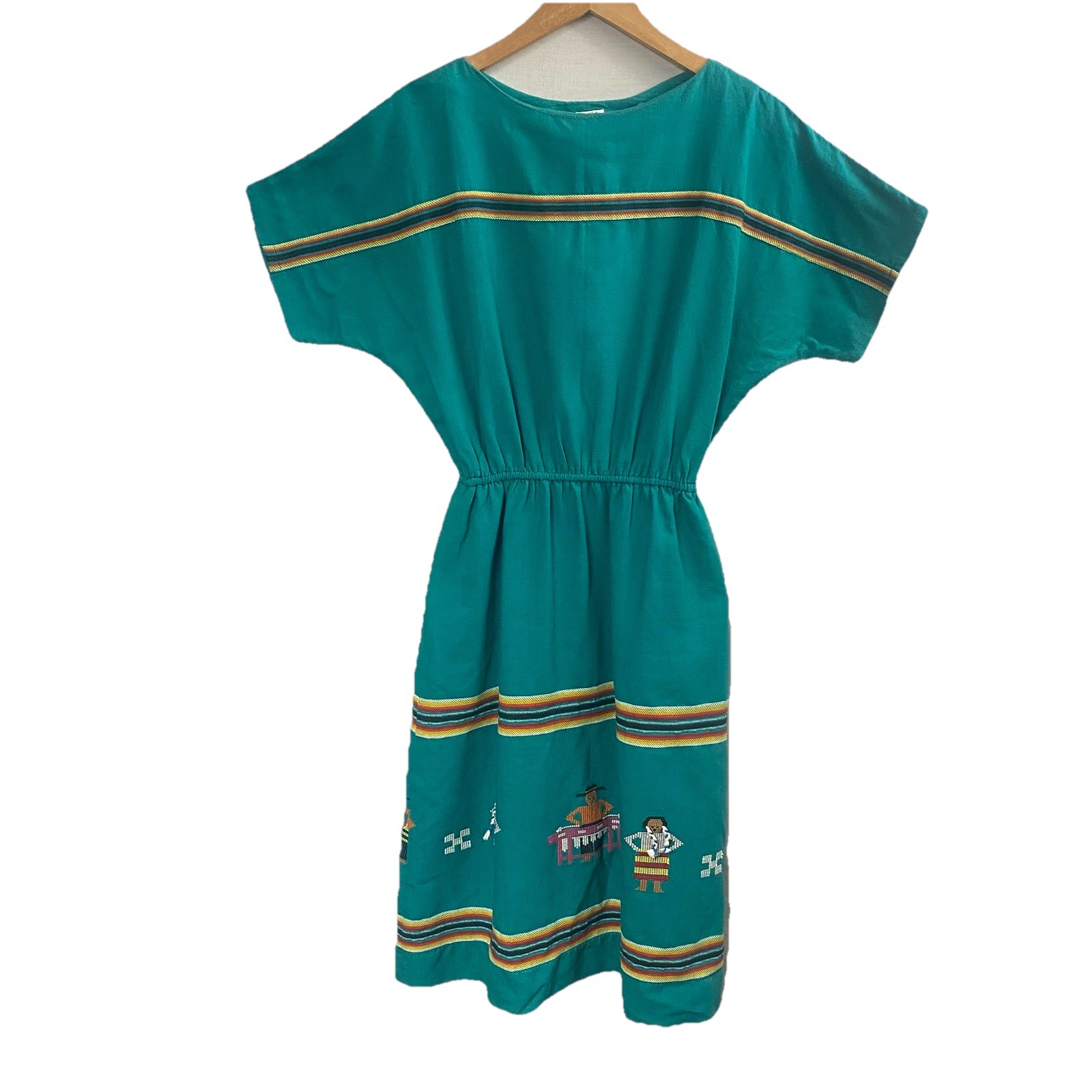 Vintage Guatemalan Teal Embroidered Cotton Dress – Handmade Artisan Lupita -Sz S