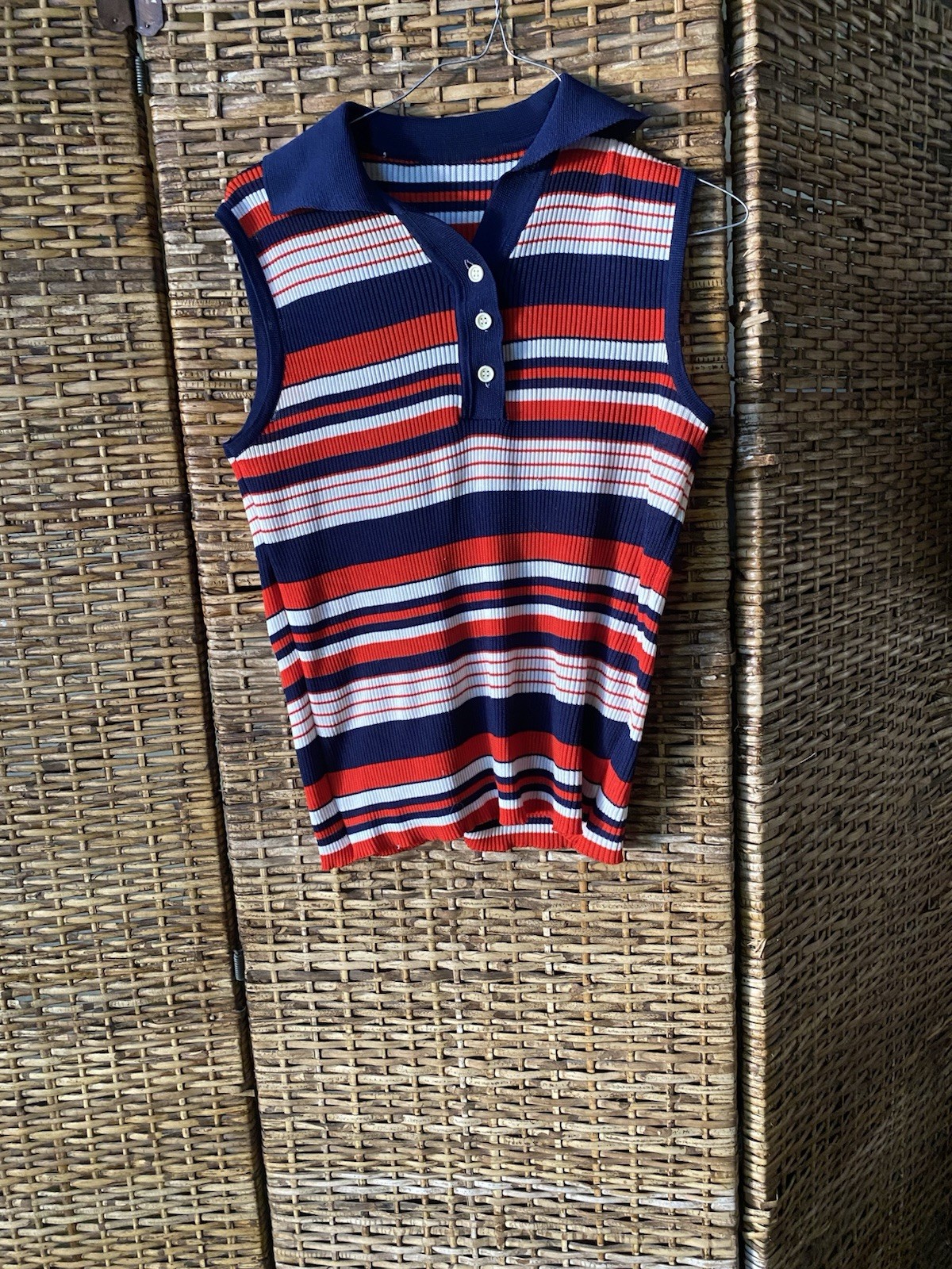 Vintage 60S 70S Poly Mix Sleeveless Button In Front Shirt Measurements In Photo