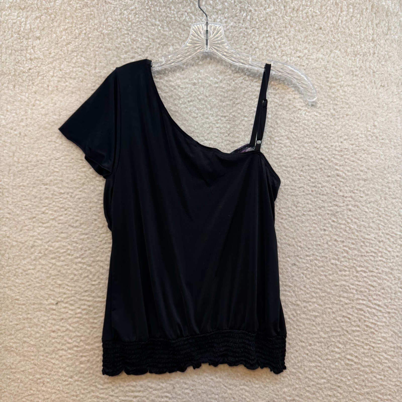Y2K Vintage One Shoulder Top Medium Black Slinky Stretch Floral McBling Bimbo