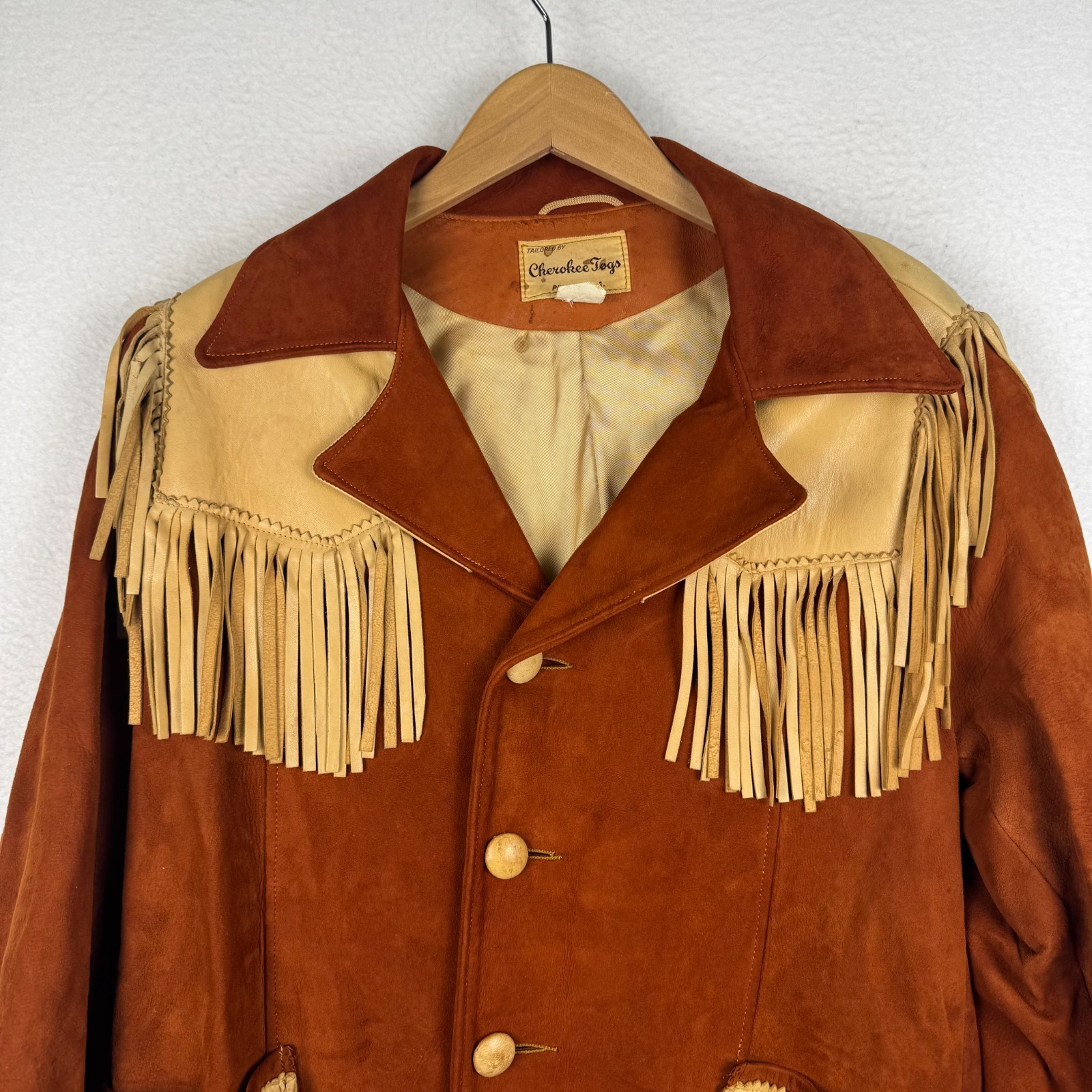 Vintage 60s 70s Cherokee Togs Size 42 Orange Suede Fringe Western Cowboy Jacket