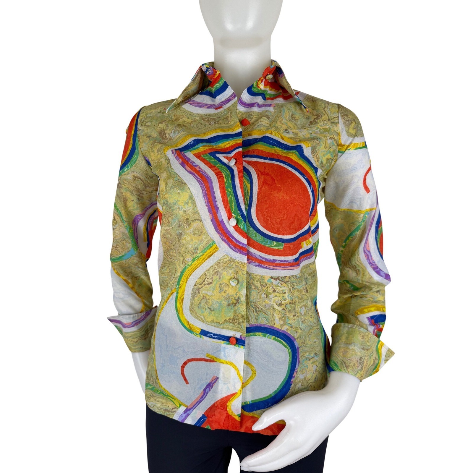 Vintage 70s Psychedelic Marble Print Button Front Blouse Mod