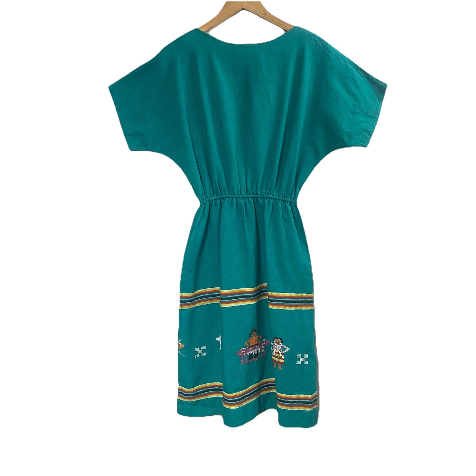 Vintage Guatemalan Teal Embroidered Cotton Dress – Handmade Artisan Lupita -Sz S