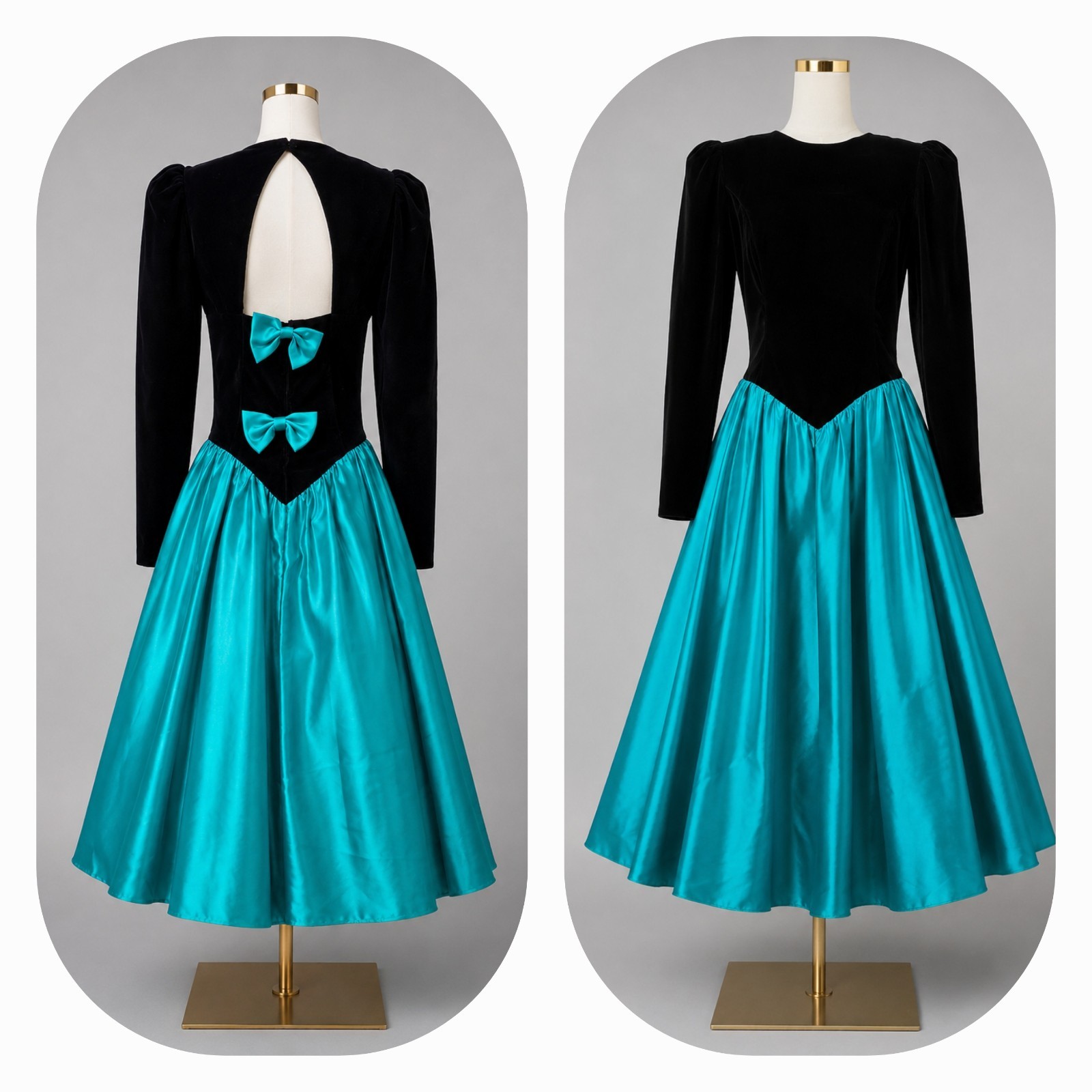 VTG Roberta Emerald Green Dress Satin Black Velvet Renaissance Gothic Prom 9/10