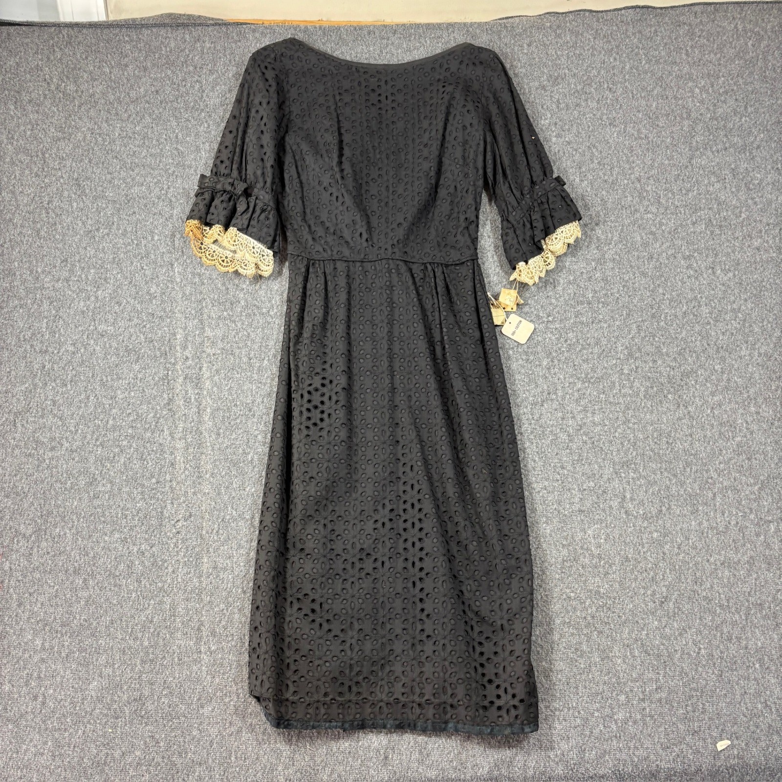 Vintage NWT Black Eyelet Cotton Midi Dress Lace Ruffle Sleeve Bow Detail Size 13
