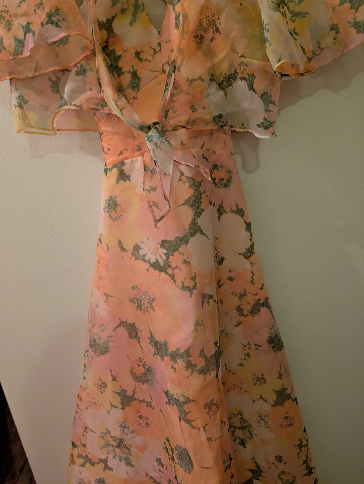 Vintage 1960’s Floral Chiffon Halter Maxi Dress W Cape Sz 7 Union Made.Cottage
