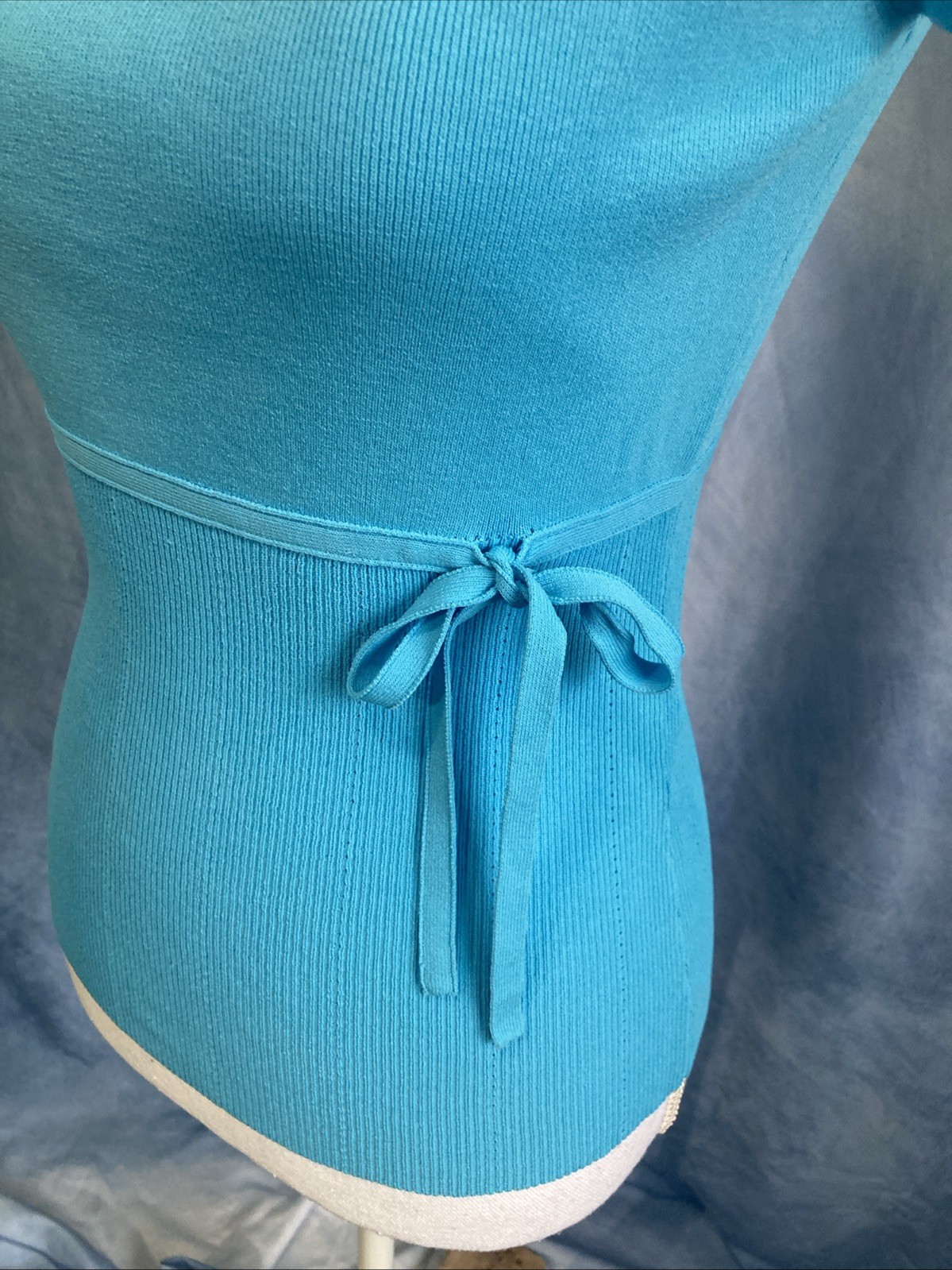 Vintage Casual Corner Turquoise Ribbed Knit Top Size Small Tie Waist Y2K EUC