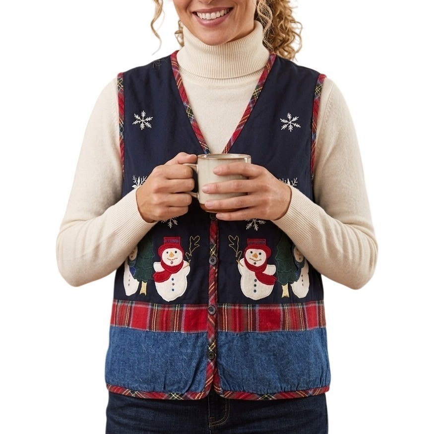 VTG Basic Editions Button Up Holiday Denim Quilted Snowman Vest Size Medium
