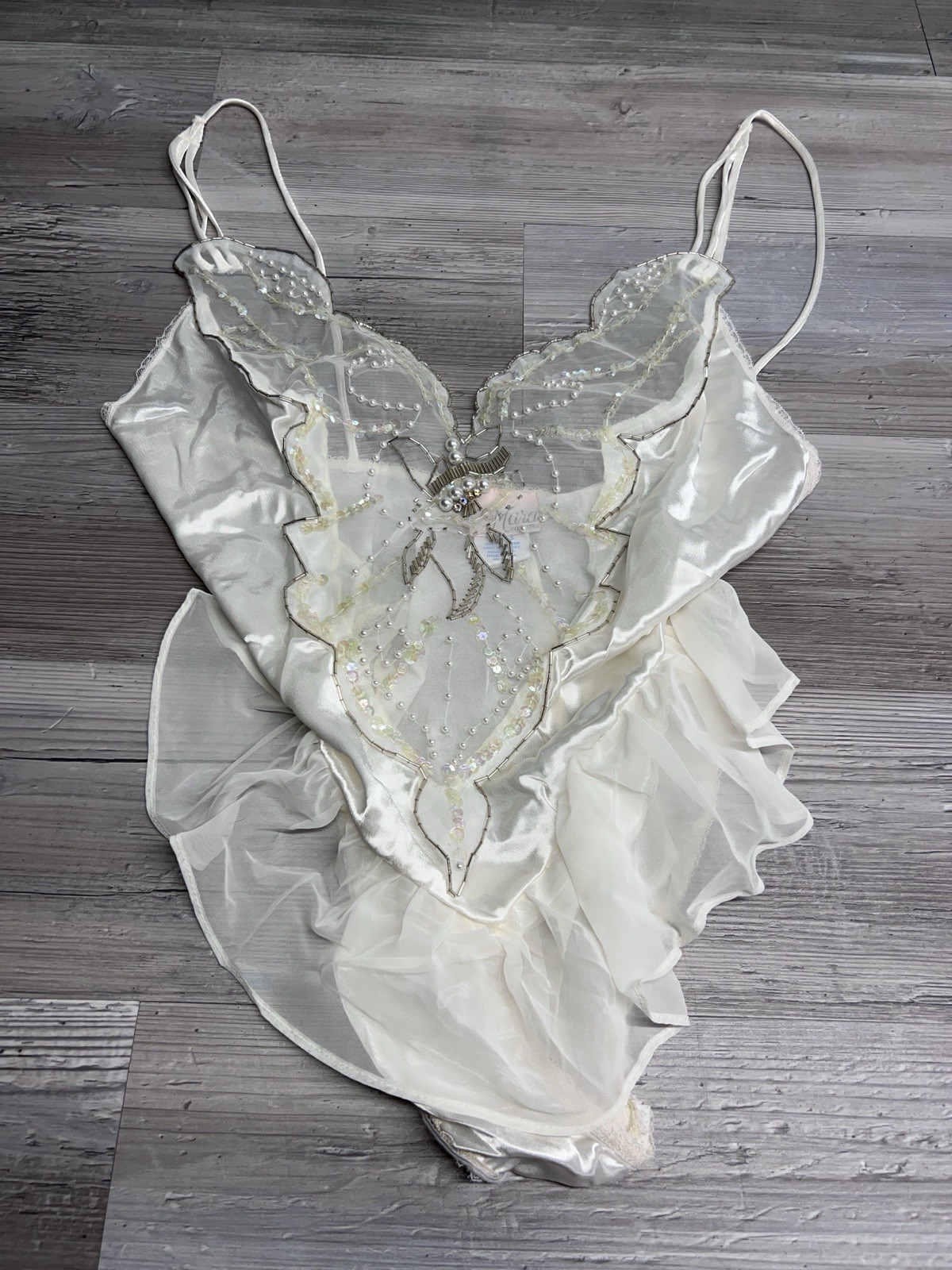 Vintage 80s Mara Intimates Beaded Sequin Satin Chiffon Teddy Bodysuit Bridal S
