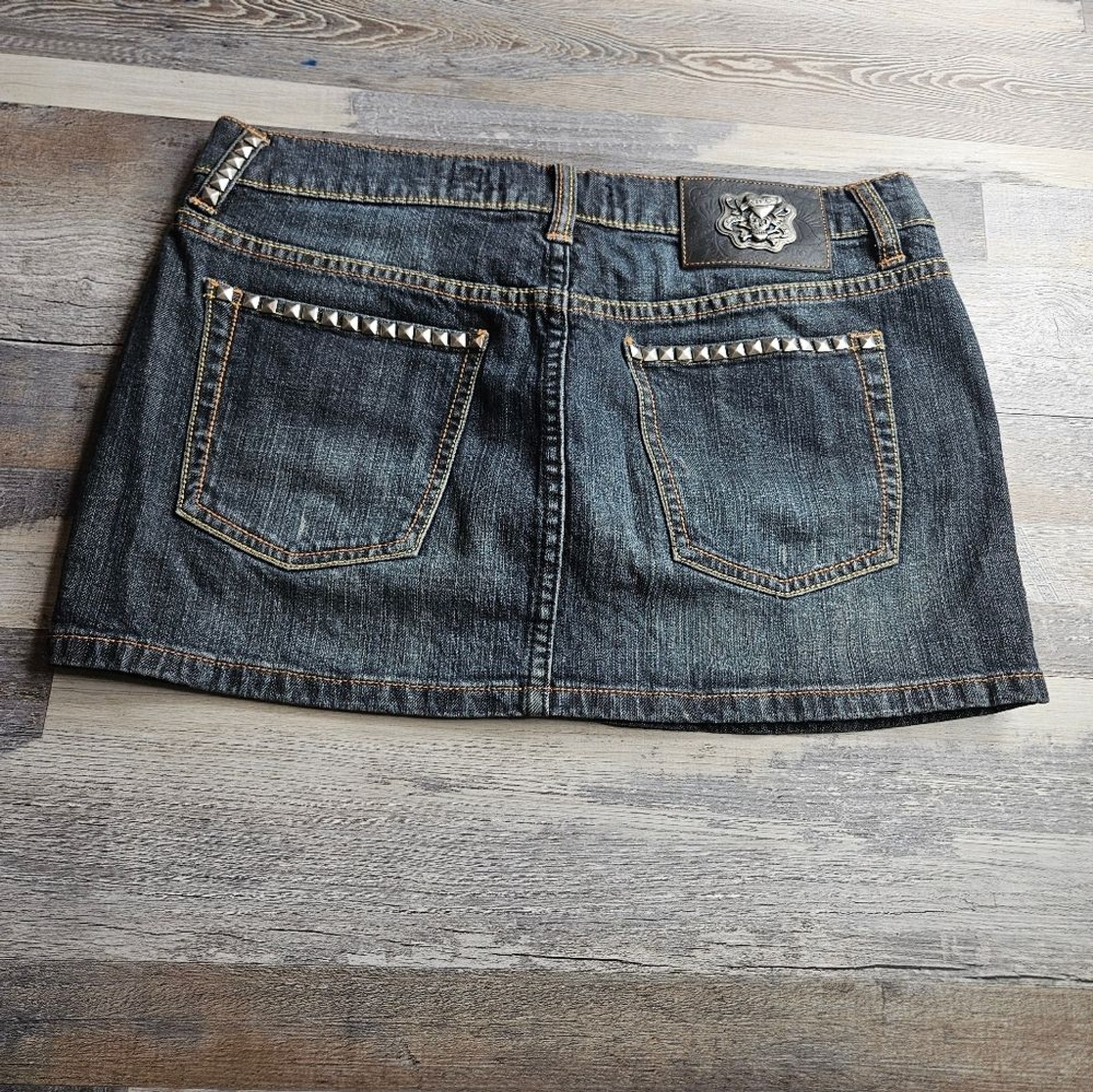 Ed Hardy Y2K 90s Mini Denim Jean Skirt Size 31 Skull Embellish