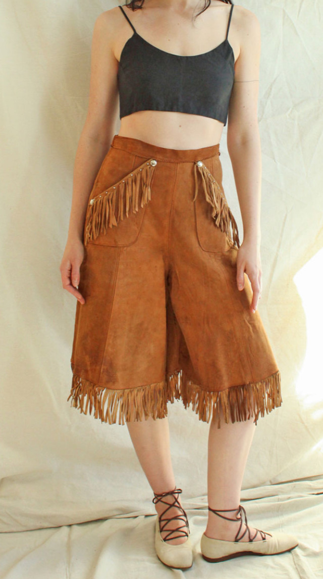 1940s suede fringe studded western culottes pants shorts lace up leather vintage