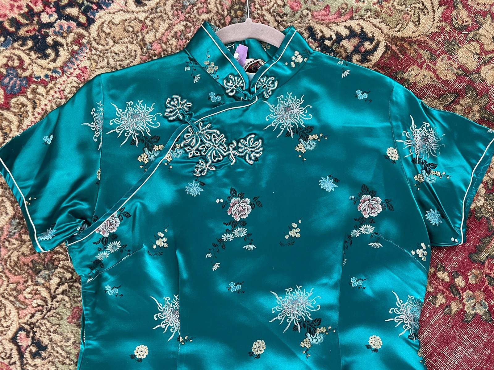 Vintage 50s Solz Squirrel Turquoise Satin Brocade Cheongsam Dress Jacket Set M/L