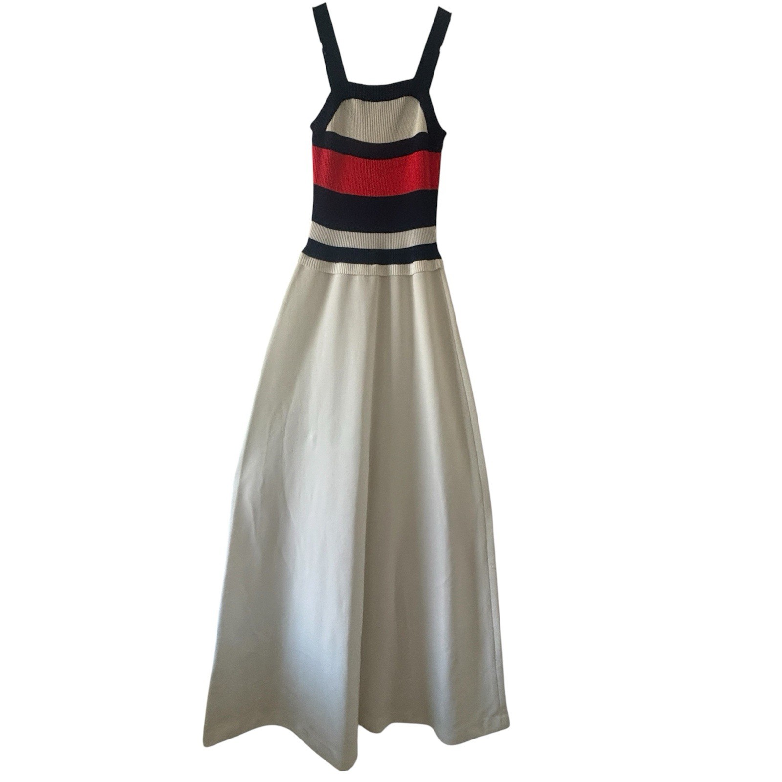 Vtg 70s Roncelli 5/6 Blue White Red Fit & Flare Maxi Dress Mod Retro w/ Scarf