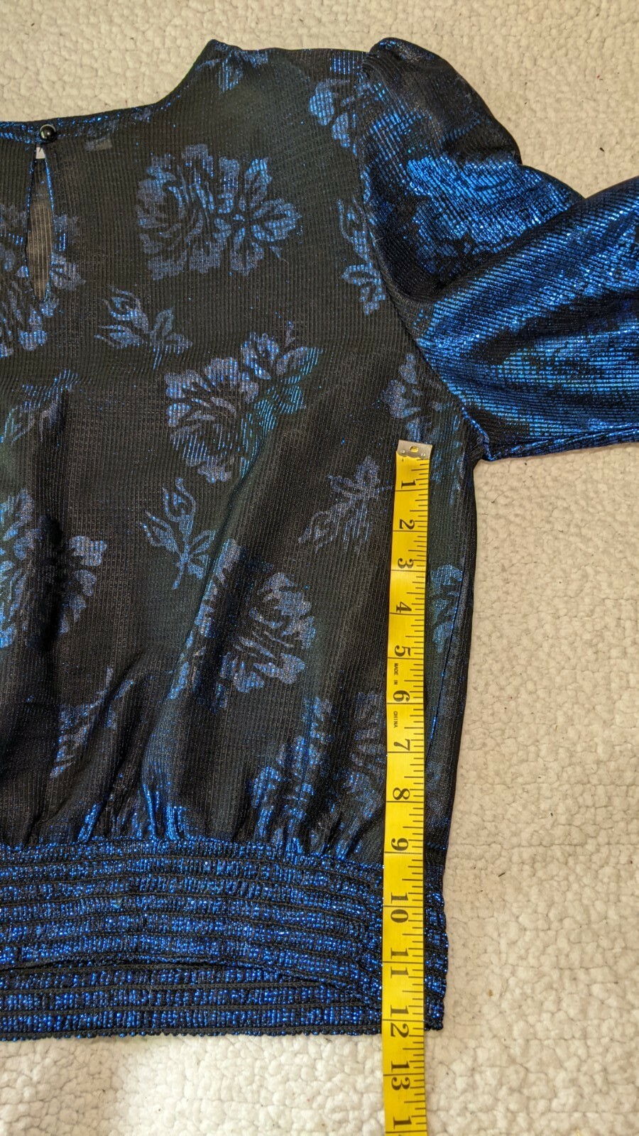 VINTAGE FREJANI Shiny SPECIAL OCCASION Blouse SHEER Blue Sz Large 1/2 Sleeve