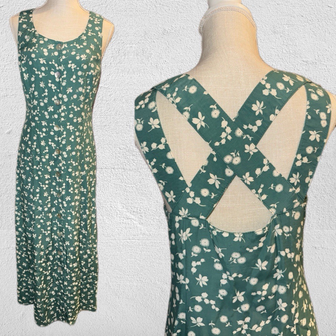VTG 90s Carol Anderson Sleeveless Dress Green Crisscross Maxi SZ Small