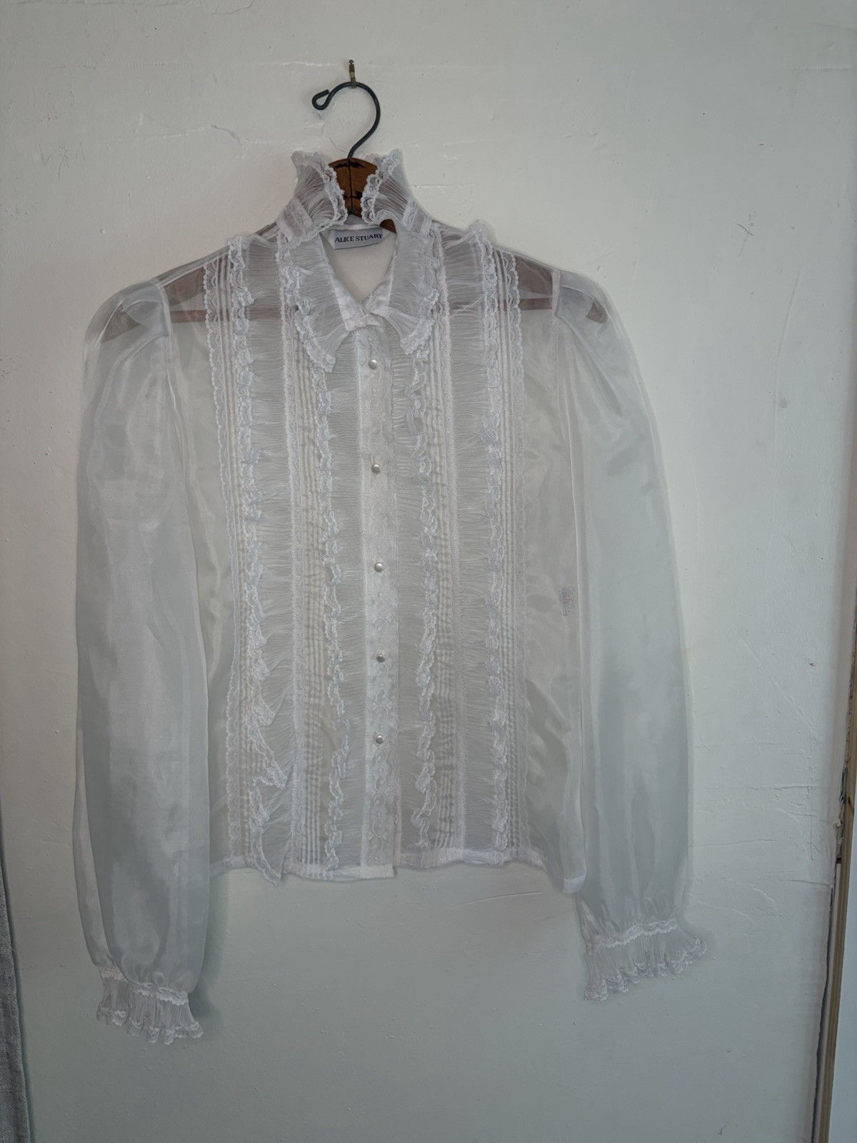 VTG 70s Alice Stuart Sheer White Ruffle Blouse ILGWU Romantic Floaty Vintage M