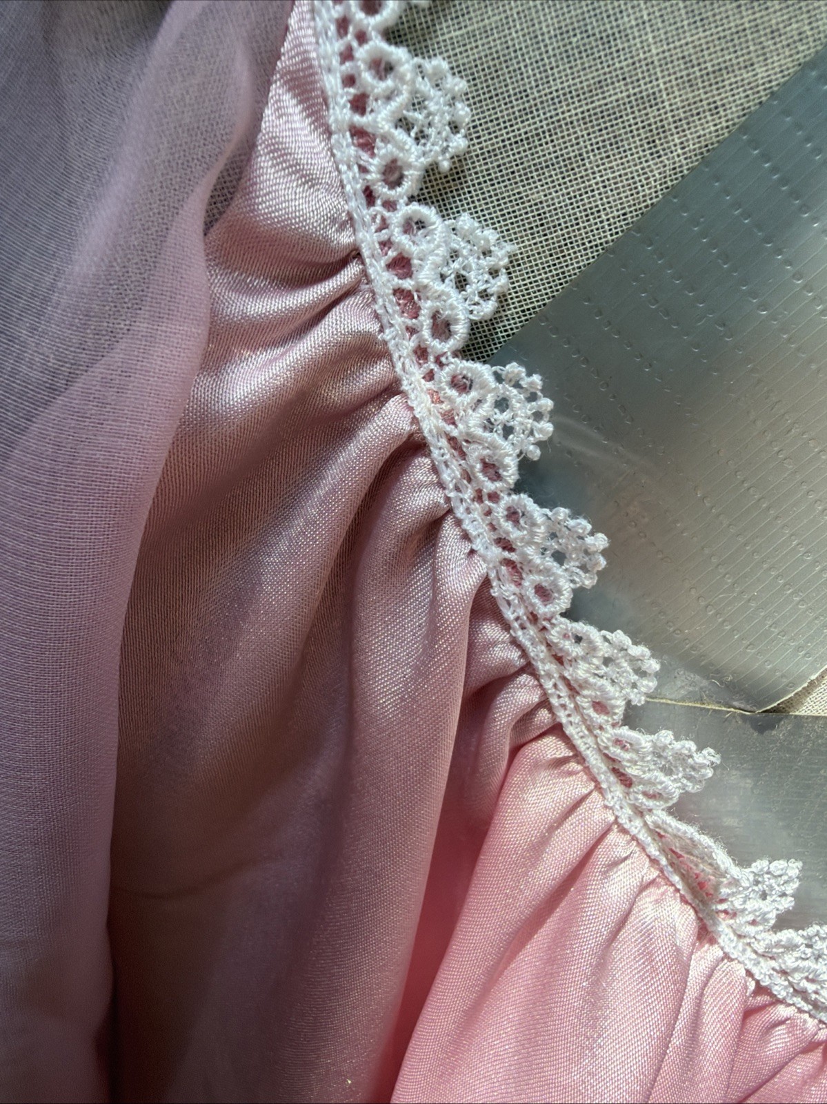 Vintage 1980s Miss Dior Pink Satin Nightgown Lace Yoke Long Sleeve Coquette