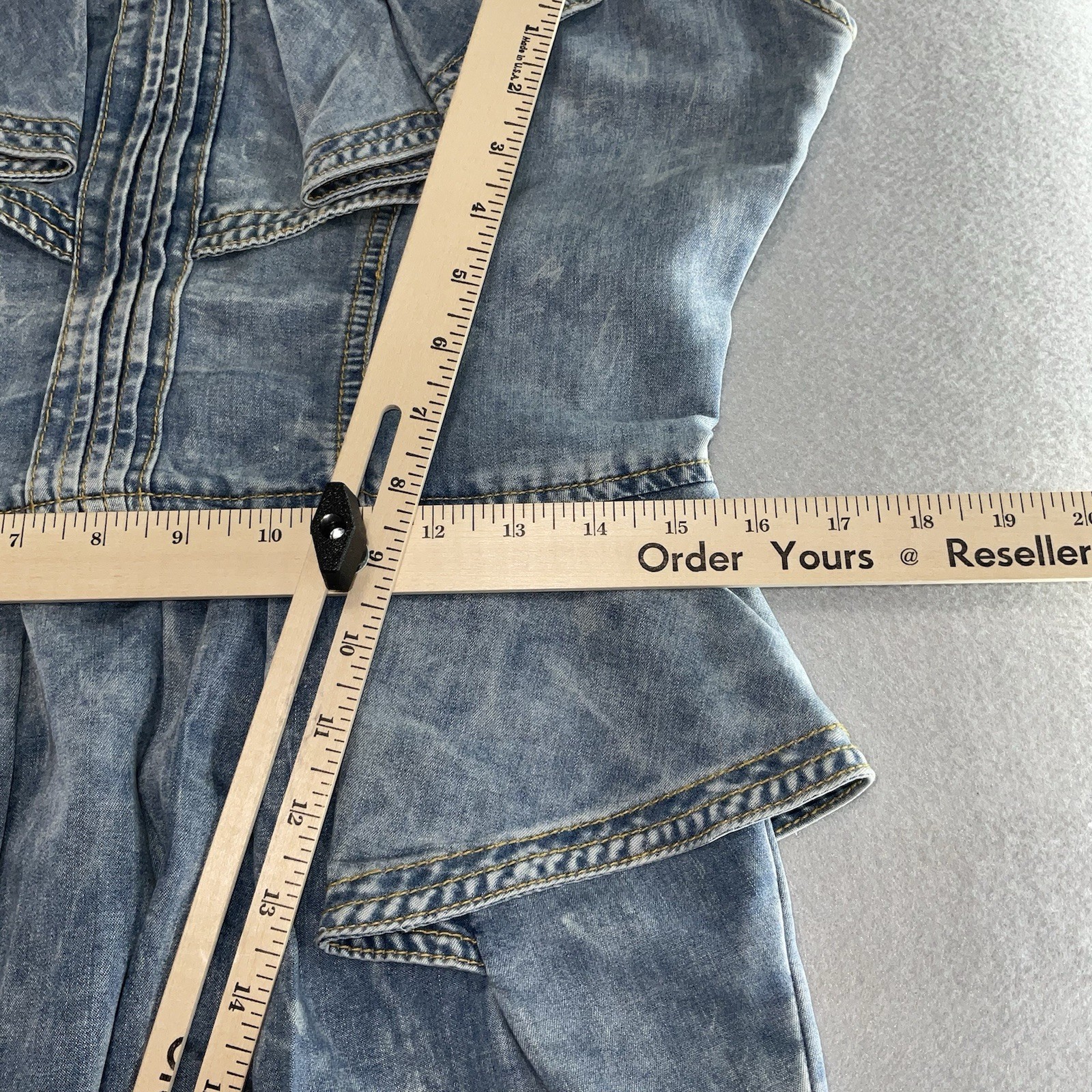 80s Vintage XOXO Denim Peplum Dress Acid Washed Cap Sleeves Ruffles Retro Rocker