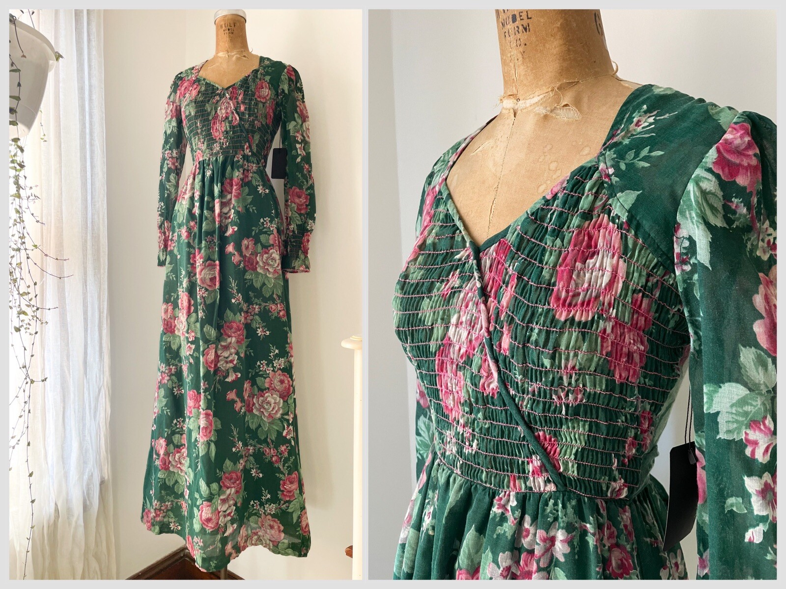 Vintage 1970’s Bobbie Brooks Floral Print Maxi Dress Gauze Pink & Green XS