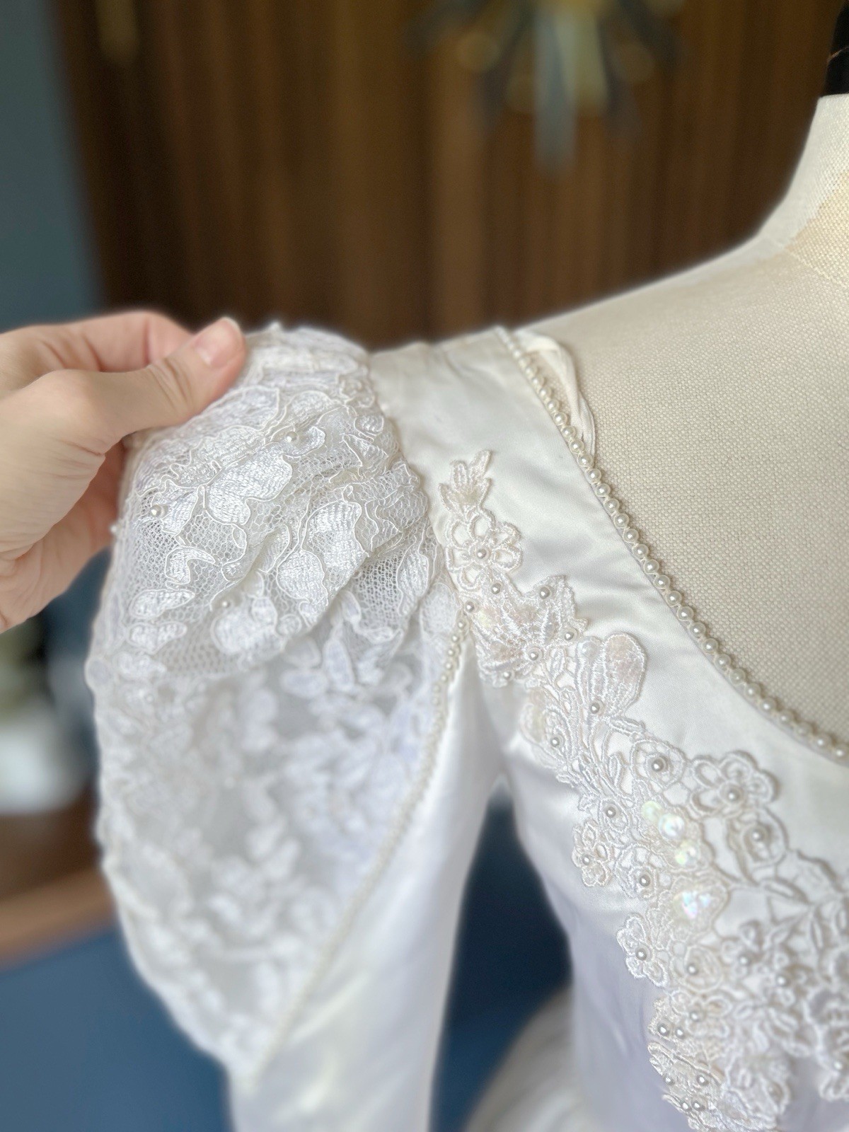 Vintage Wedding Dress 1980s Satin Princess Cut Ballgown Beadwork Train Lace