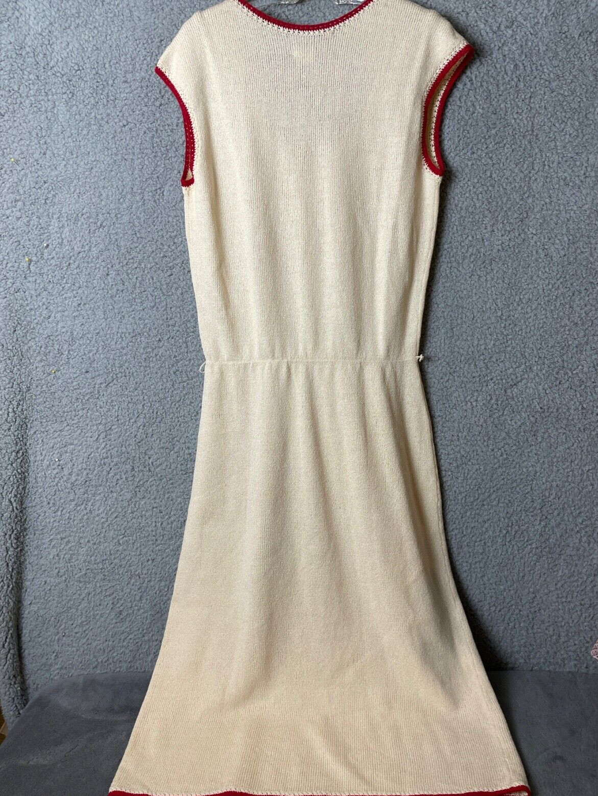 Vintage Richtone NY Dress Sweater Set Womens M/L Cream Knit Red Blk Pom Poms VTG