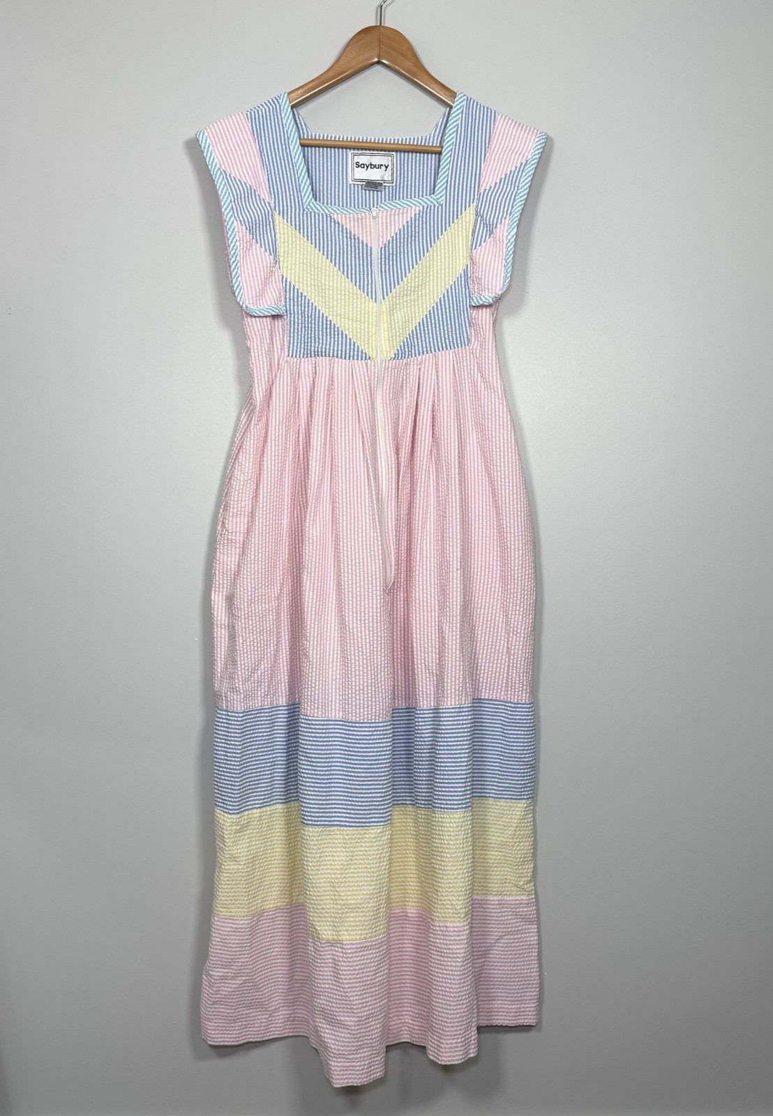 Vintage 80s Saybury Seersucker Nightgown House Dress S Colorblock Pastel Striped