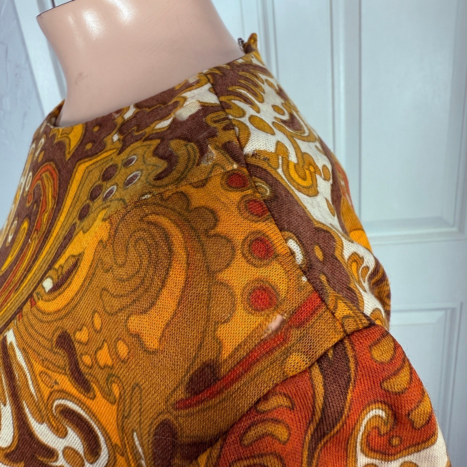 Vintage 70s Unbranded Women’s Dress Wool Paisley Mod Retro Long sleeve L3-20