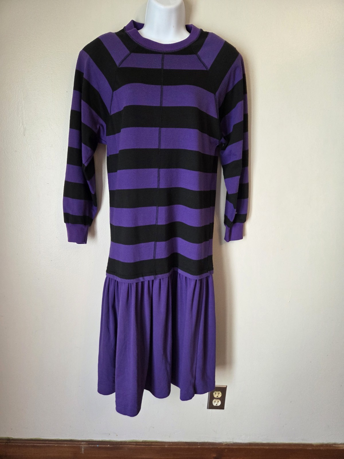 VTG 80s Adolfo II Purple Black Stripe Drop Waist Ruffle Hem Sweater Dress Size S