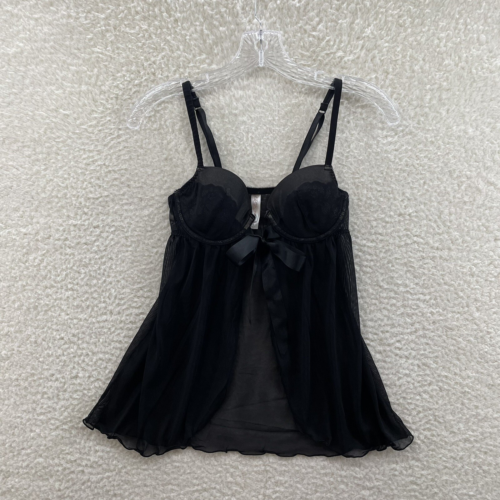 Y2K Vintage Gilligan O’Malley Babydoll Slip Small Black Mesh Bow Padded Cupped