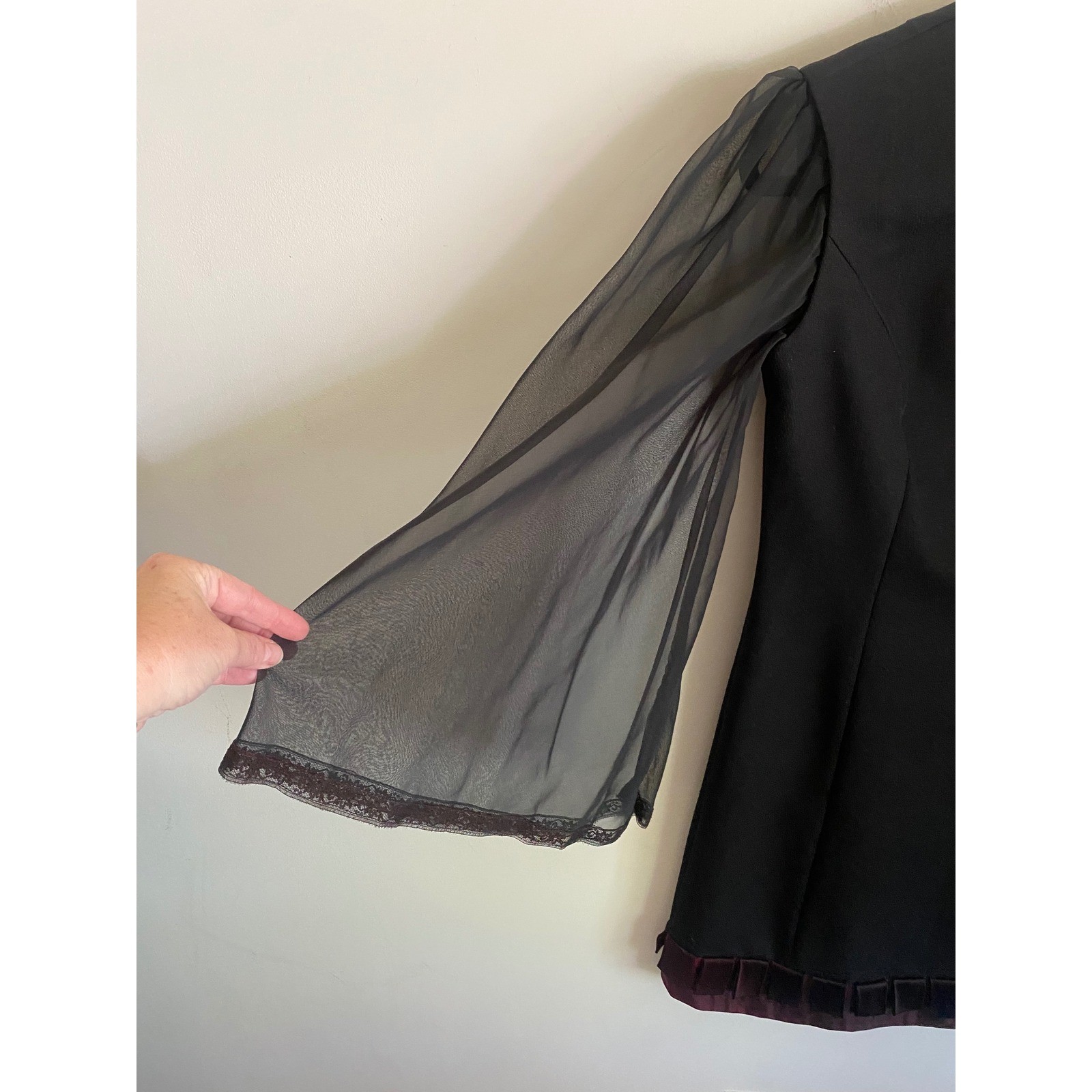 Vintage Leslie Fay Black Mini Dress Sheer Bell Sleeves Satin Trim Gothic Mod