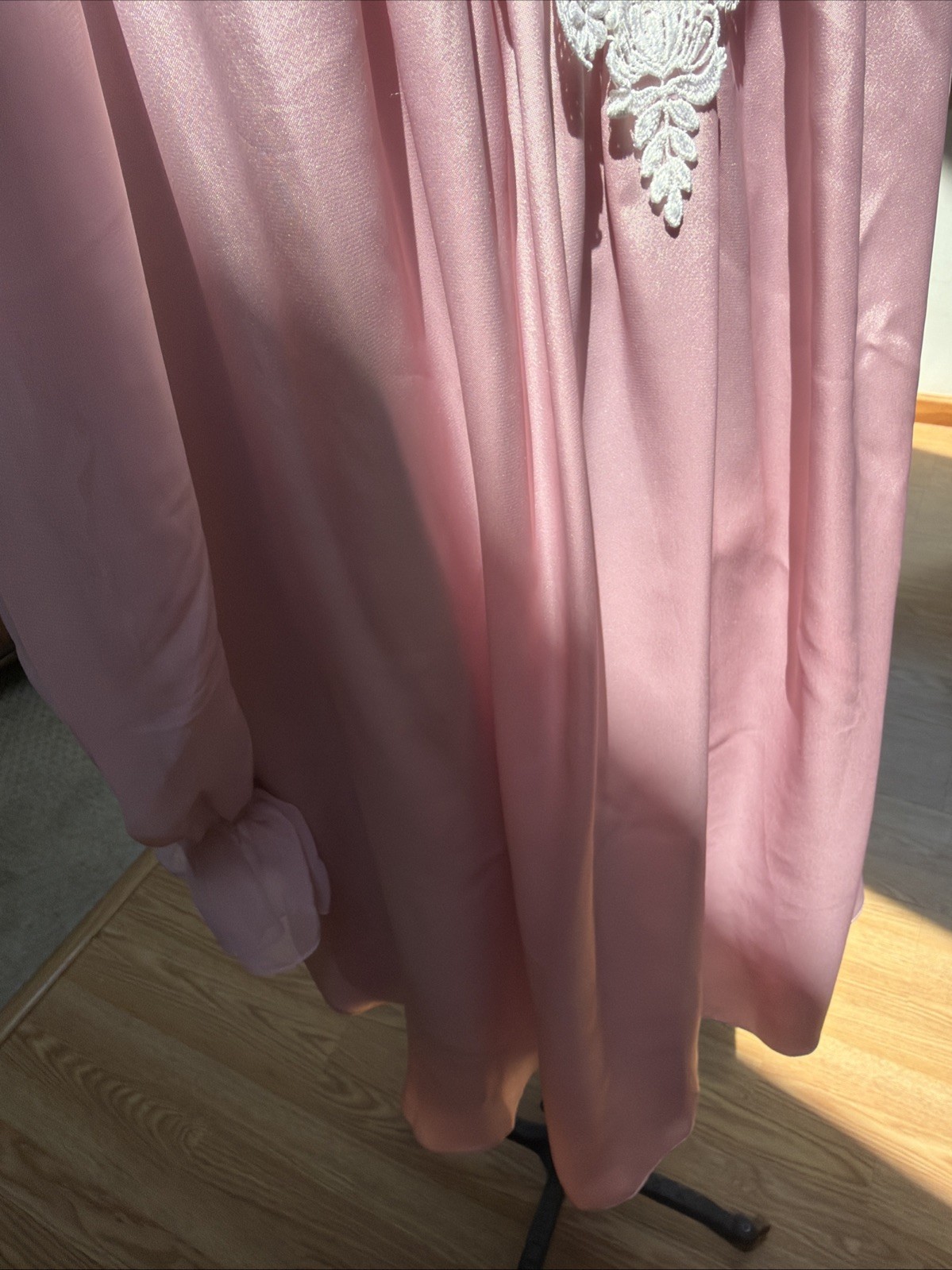 Vintage 1980s Miss Dior Pink Satin Nightgown Lace Yoke Long Sleeve Coquette