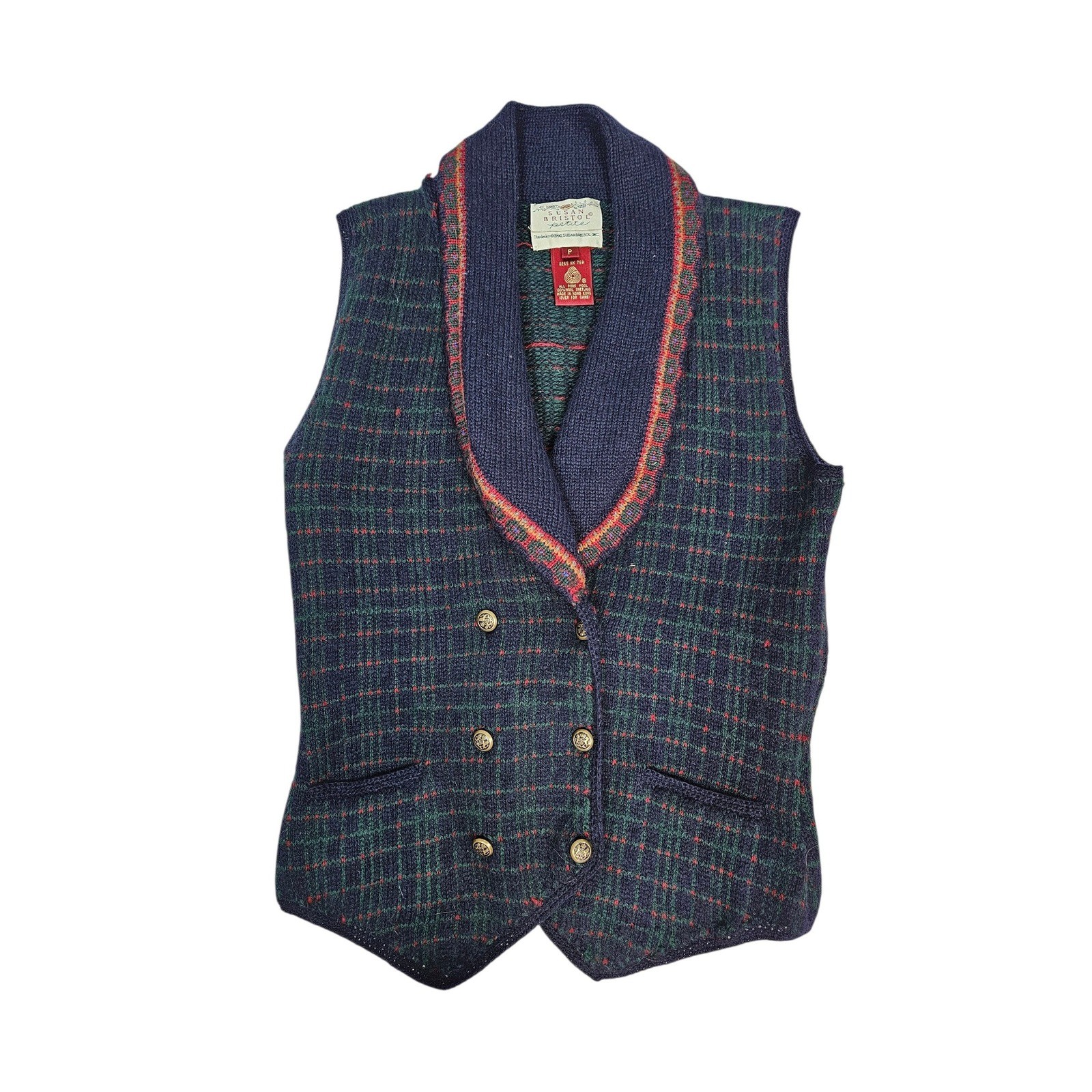 Vintage Susan Bristol Petite Plaid Wool Vest Double Breasted Shawl Collar W51