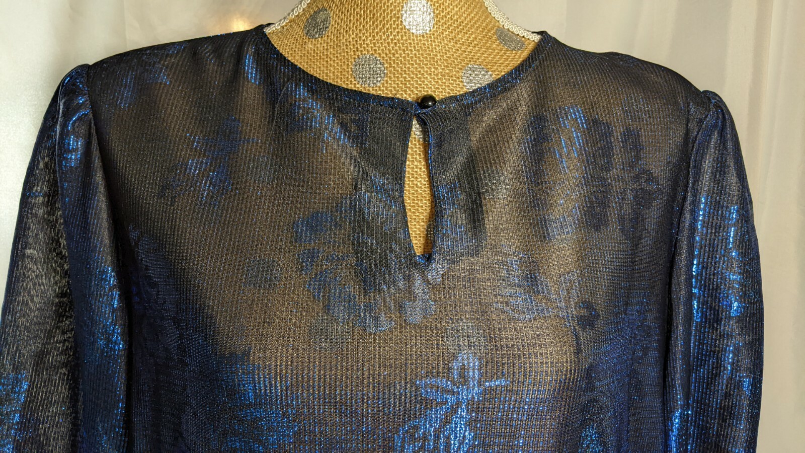 VINTAGE FREJANI Shiny SPECIAL OCCASION Blouse SHEER Blue Sz Large 1/2 Sleeve