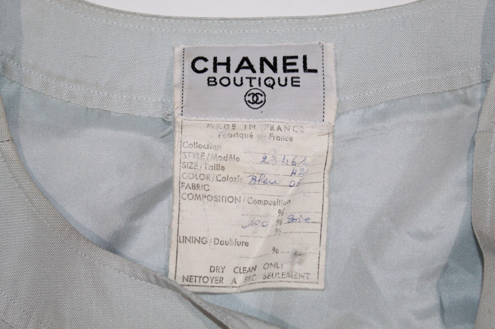 Vintage CHANEL Pale Blue Sheath Silk Dress 80s Square Shoulder Pockets Size 2