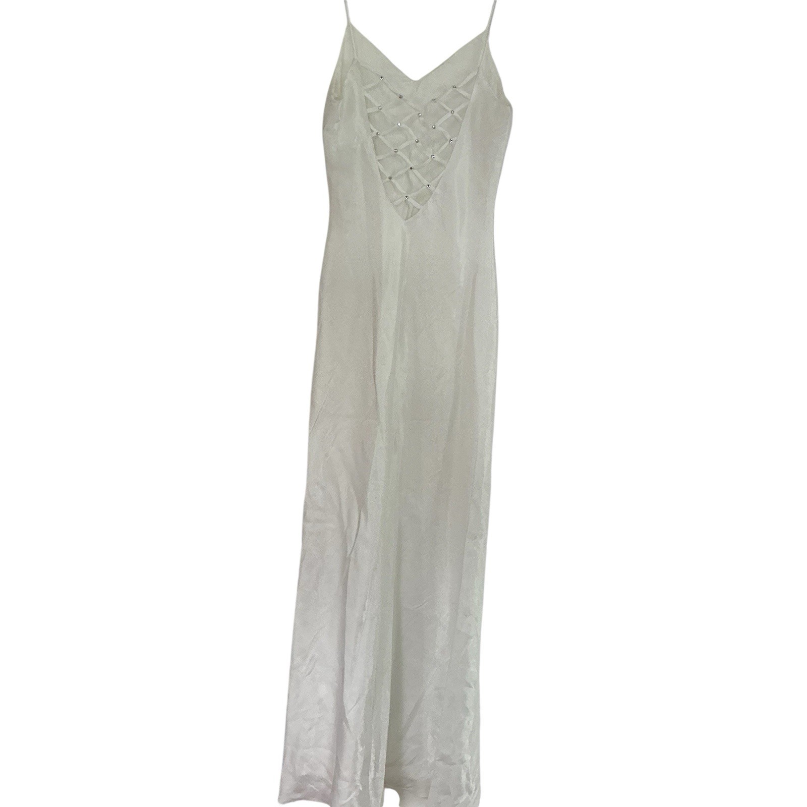 Vintage Niki Sivas pearly white sleeveless gown w/rhinestones 100% acetate XS/S