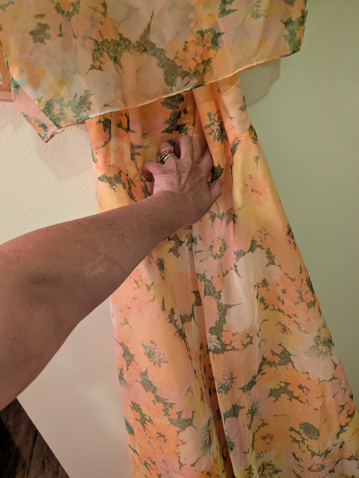 Vintage 1960’s Floral Chiffon Halter Maxi Dress W Cape Sz 7 Union Made.Cottage